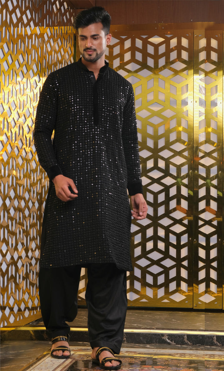 Sarvati Men's Black Mirror Georgette Kurta With Patiala Set