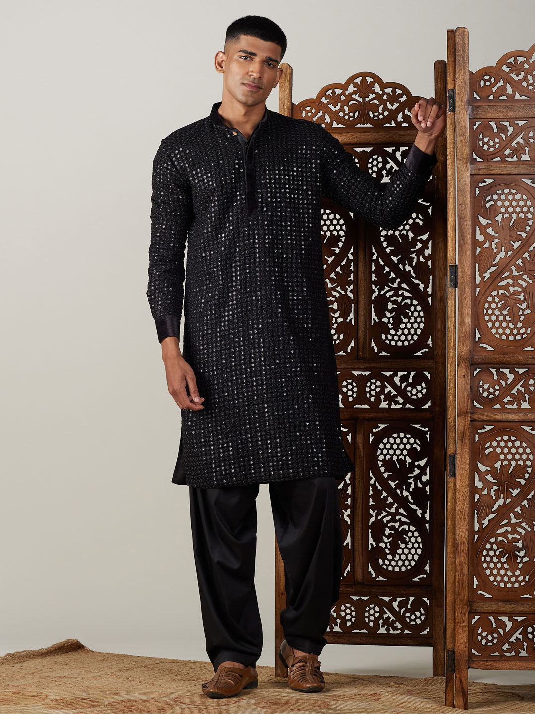 Sarvati Men's Black Mirror Georgette Kurta With Patiala Set