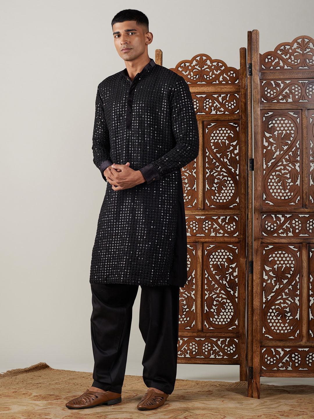 Sarvati Men's Black Mirror Georgette Kurta With Patiala Set