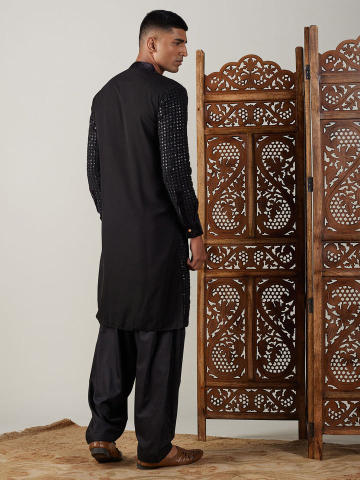 Sarvati Men's Black Mirror Georgette Kurta With Patiala Set