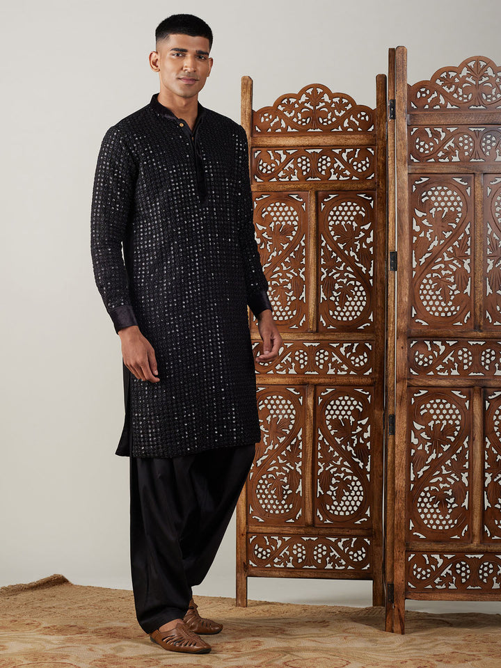 Sarvati Men's Black Mirror Georgette Kurta With Patiala Set