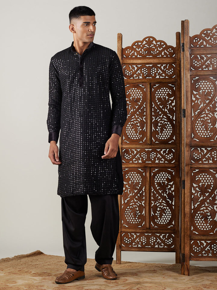 Sarvati Men's Black Mirror Georgette Kurta With Patiala Set