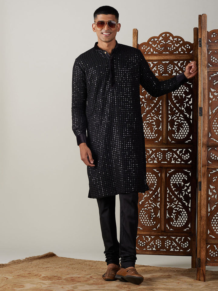 Sarvati Men's Black Mirror Georgette Kurta Pyjama Set
