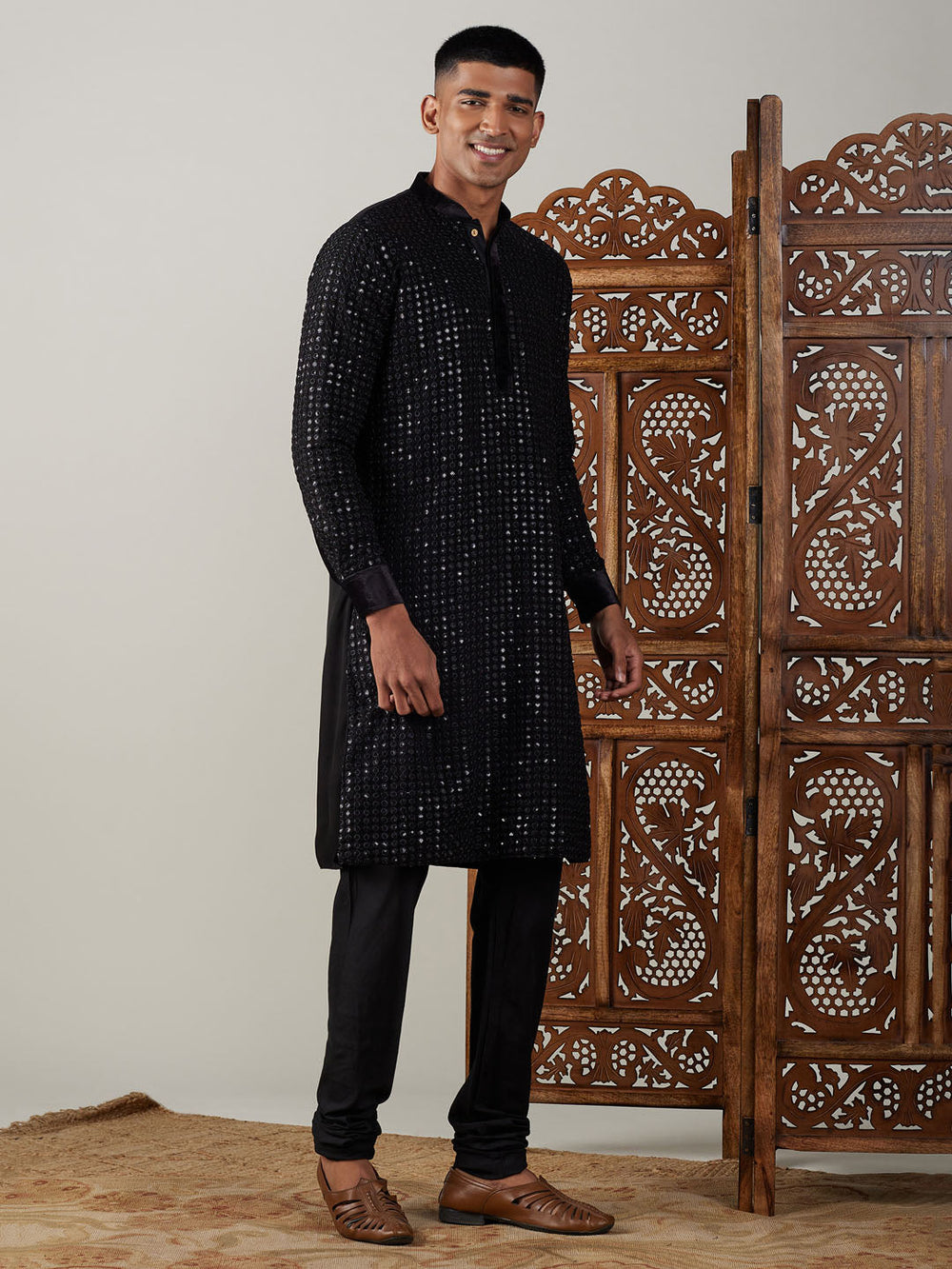 Sarvati Men's Black Mirror Georgette Kurta Pyjama Set