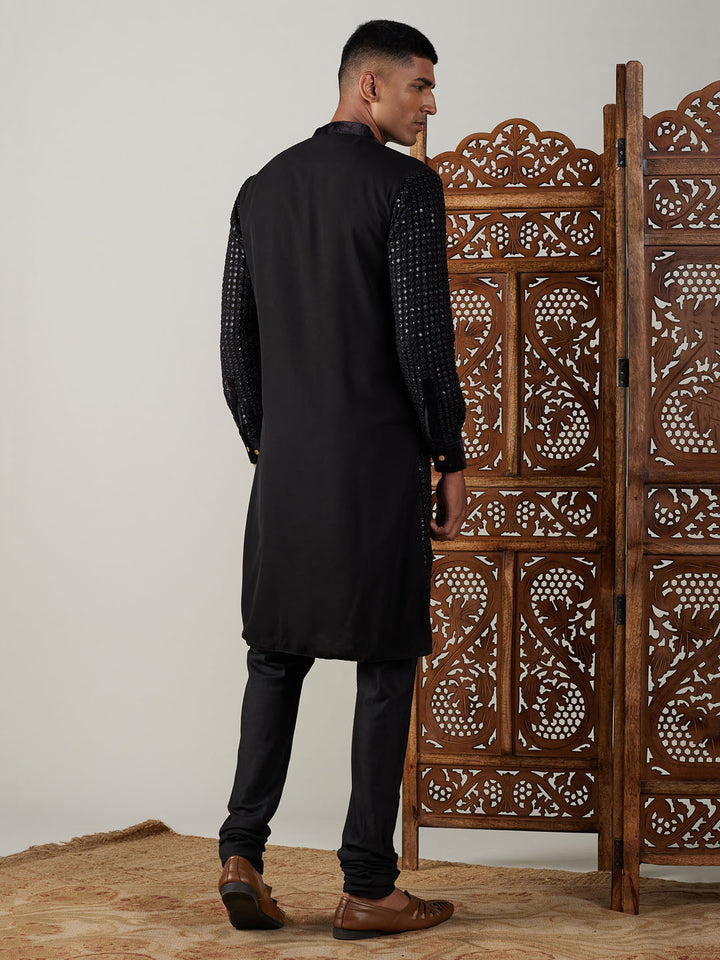 Sarvati Men's Black Mirror Georgette Kurta Pyjama Set
