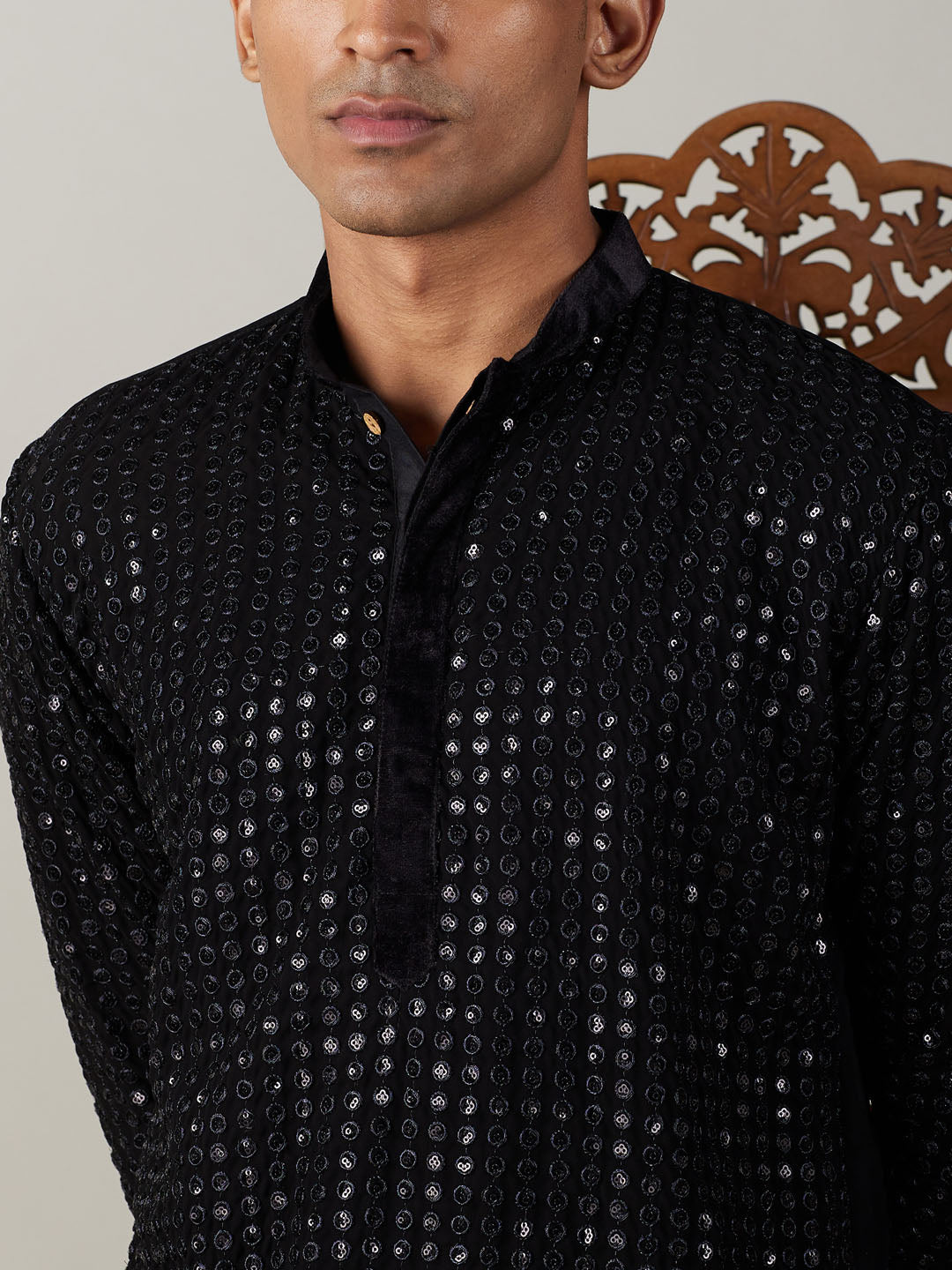 Sarvati Men's Black Mirror Georgette Kurta Pyjama Set