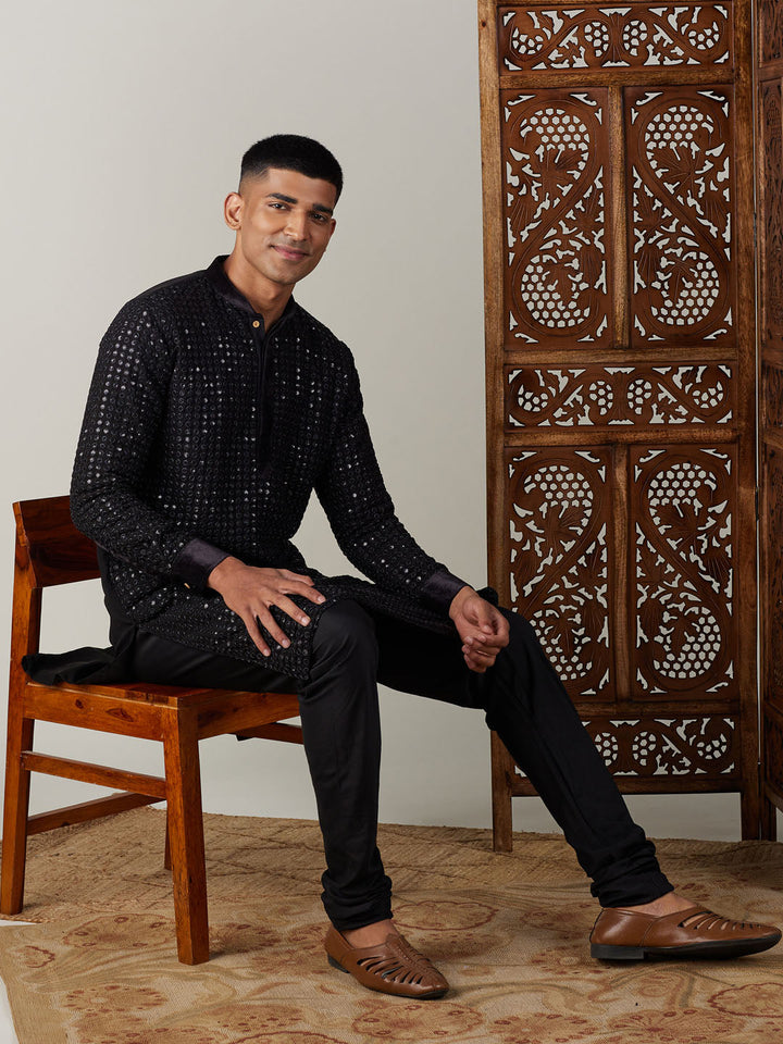 Sarvati Men's Black Mirror Georgette Kurta Pyjama Set