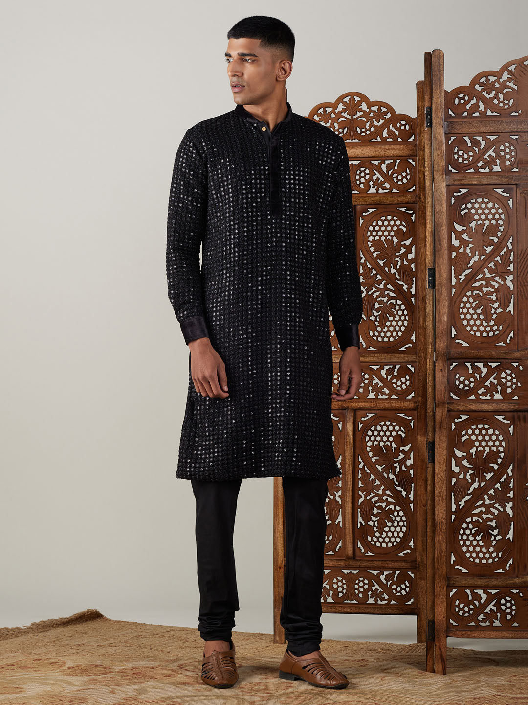Sarvati Men's Black Mirror Georgette Kurta Pyjama Set
