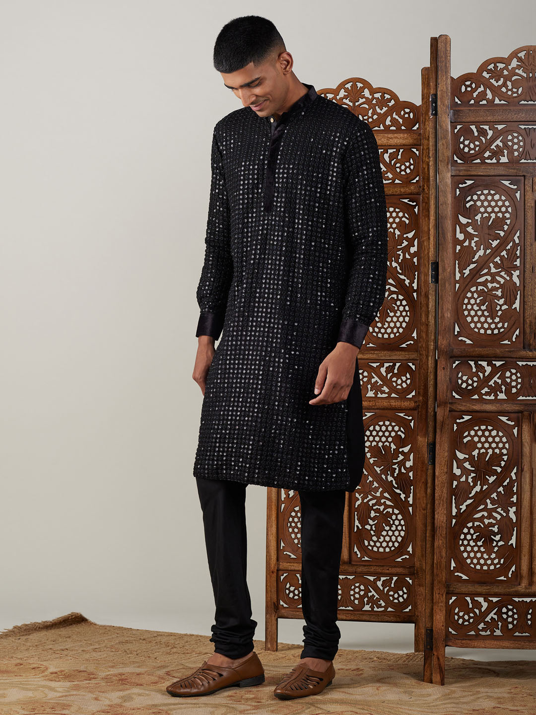 Sarvati Men's Black Mirror Georgette Kurta Pyjama Set