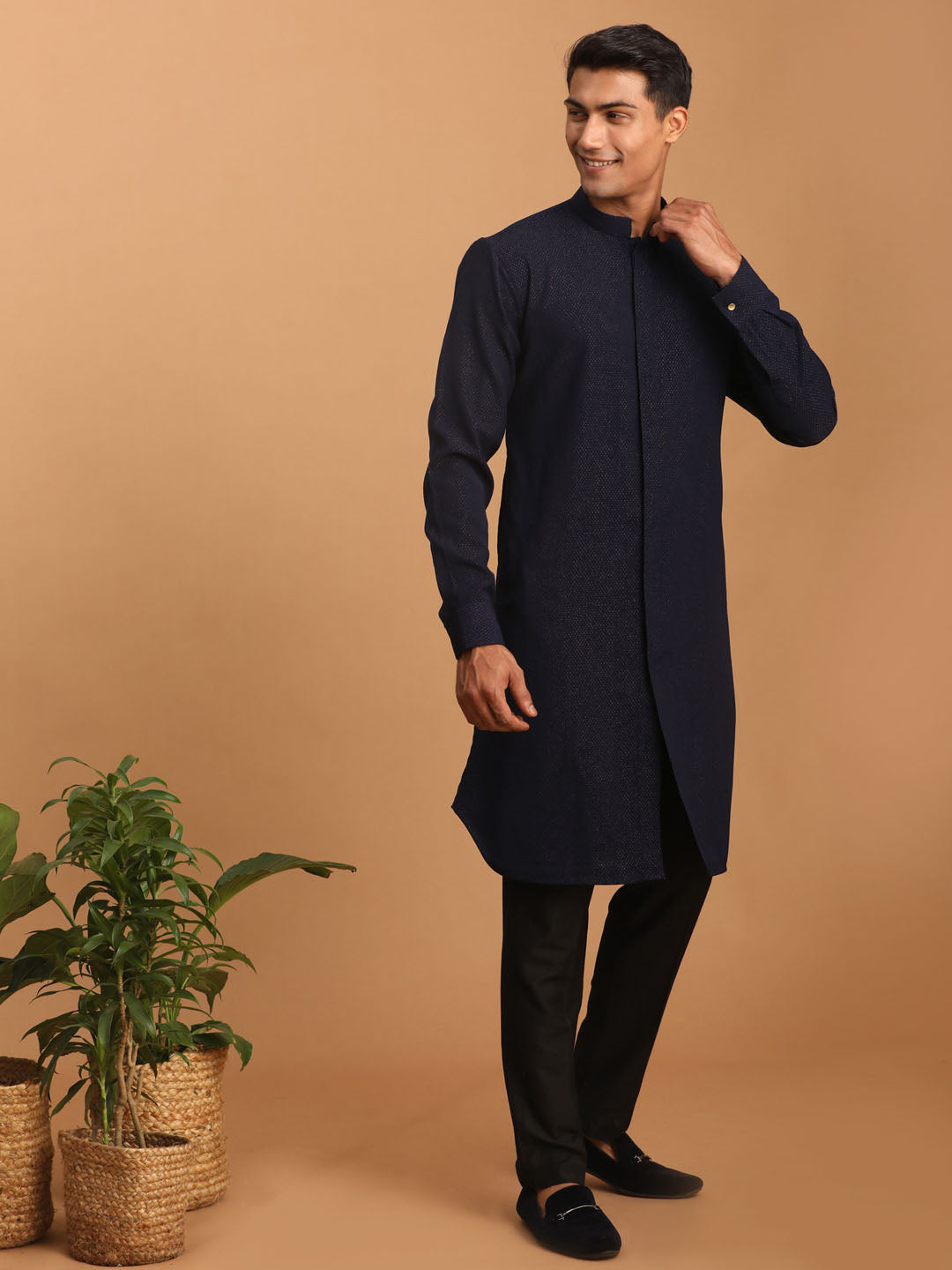 Sarvati Men's Navy Blue Printed Kurta Pant Set