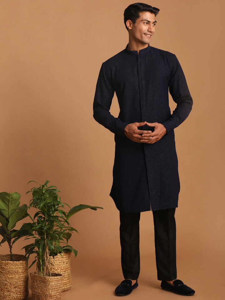 Sarvati Men's Navy Blue Printed Kurta Pant Set