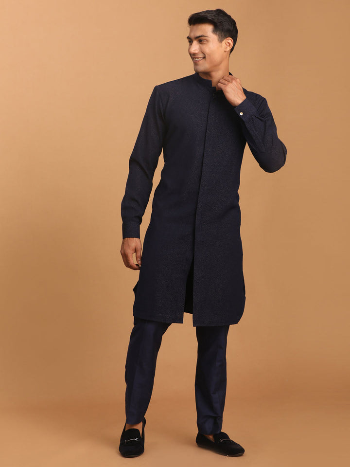 Sarvati Men's Navy Blue Printed Kurta With pant Set