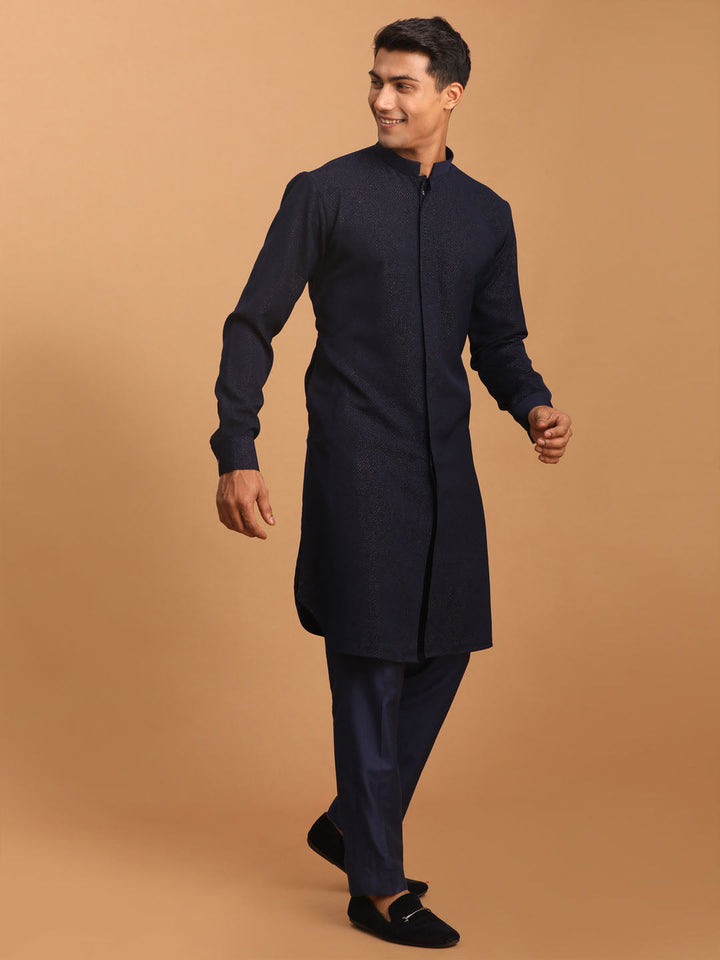 Sarvati Men's Navy Blue Printed Kurta With pant Set