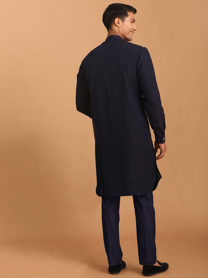 Sarvati Men's Navy Blue Printed Kurta With pant Set