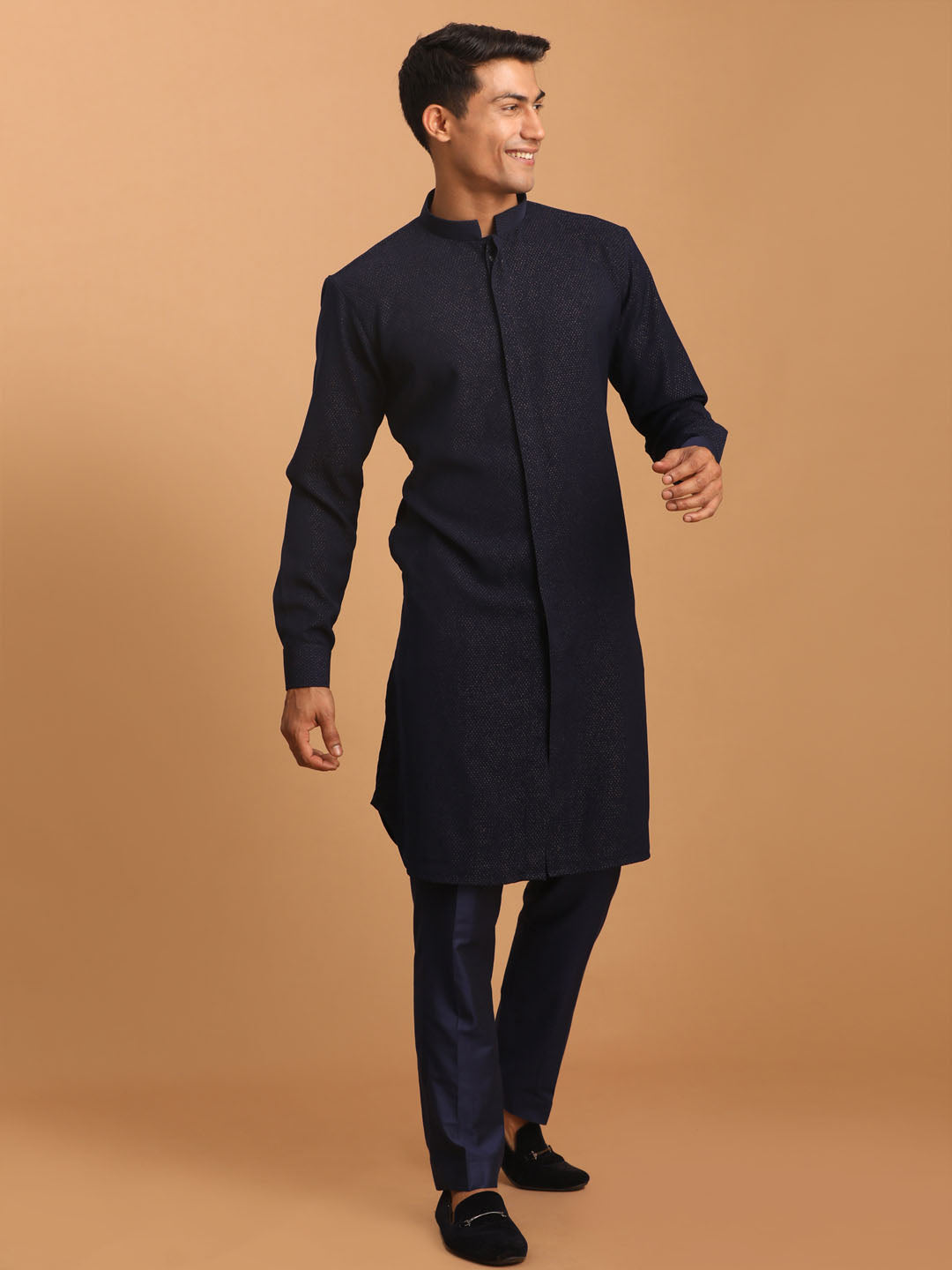 Sarvati Men's Navy Blue Printed Kurta With pant Set