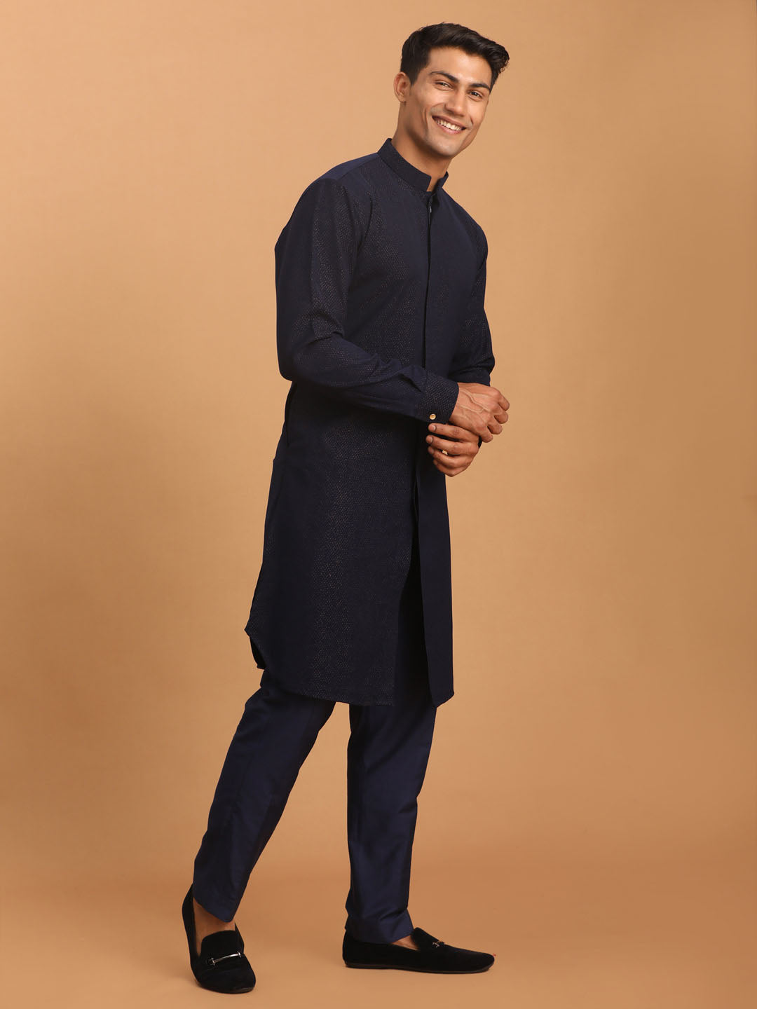 Sarvati Men's Navy Blue Printed Kurta With pant Set