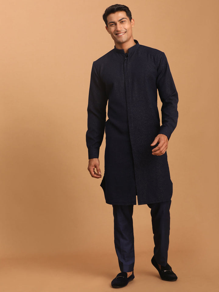 Sarvati Men's Navy Blue Printed Kurta With pant Set