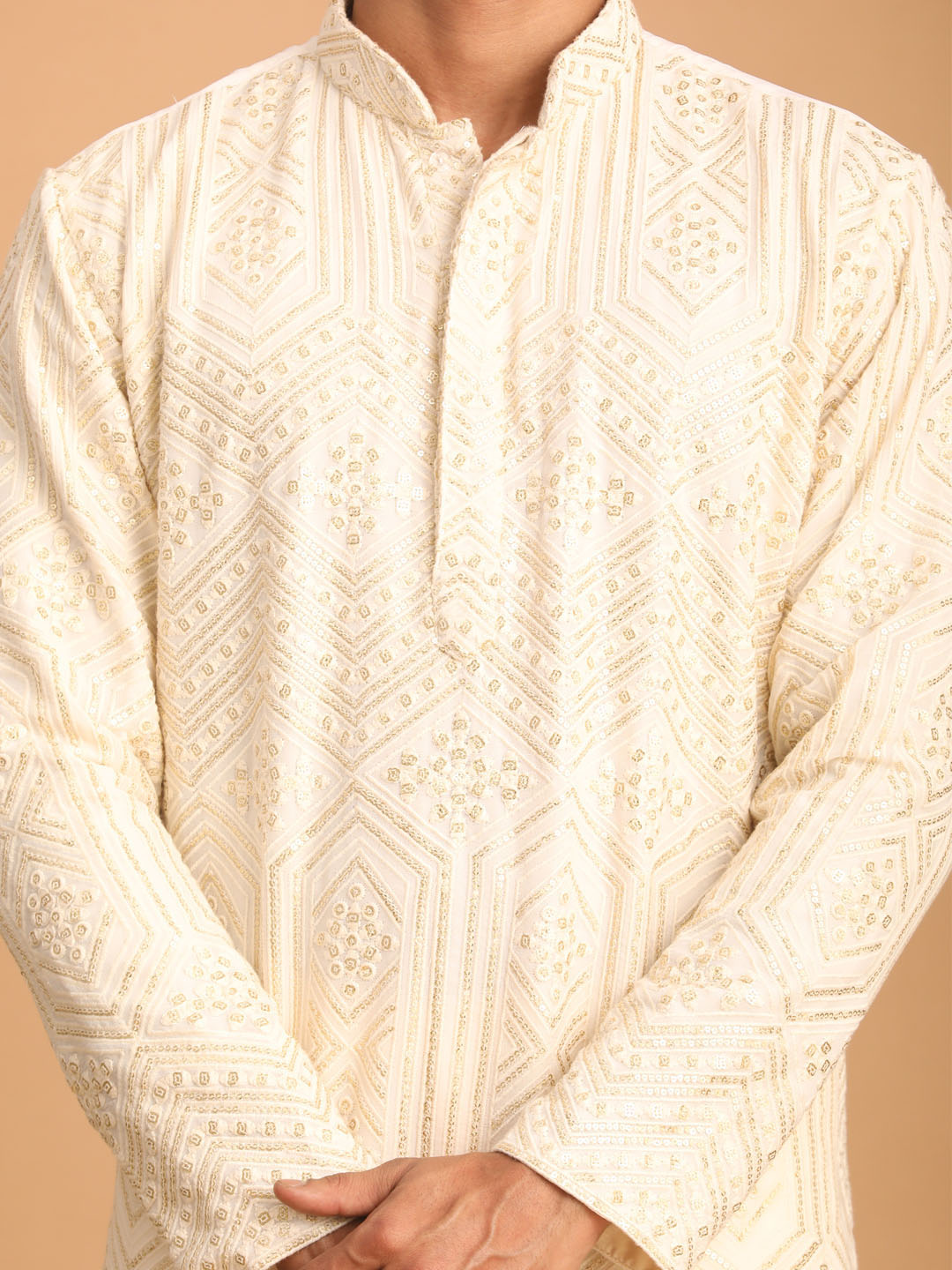 Men's Cream Golden Sequin Embroidered Kurta