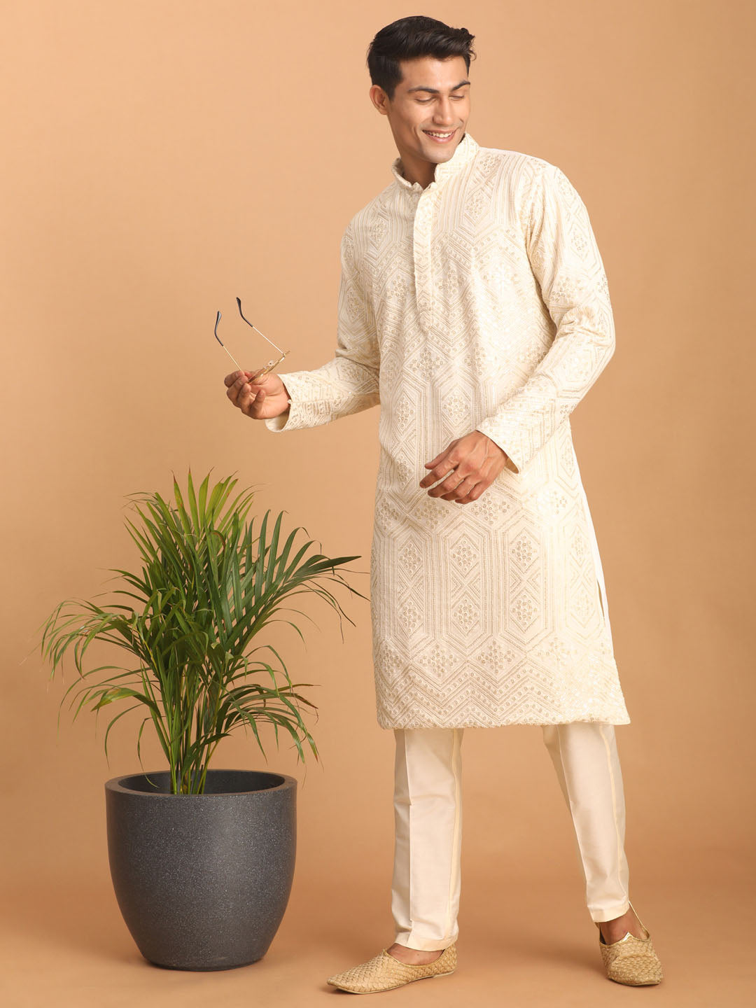 Sarvati Men's Cream Golden Sequin Embroidered Kurta And Cream Pant Set