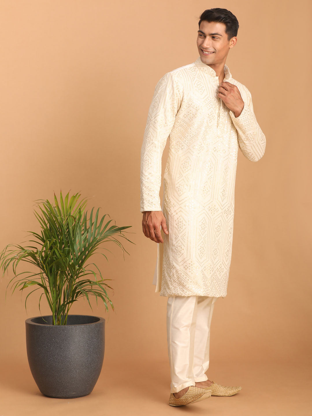 Sarvati Men's Cream Golden Sequin Embroidered Kurta And Cream Pant Set