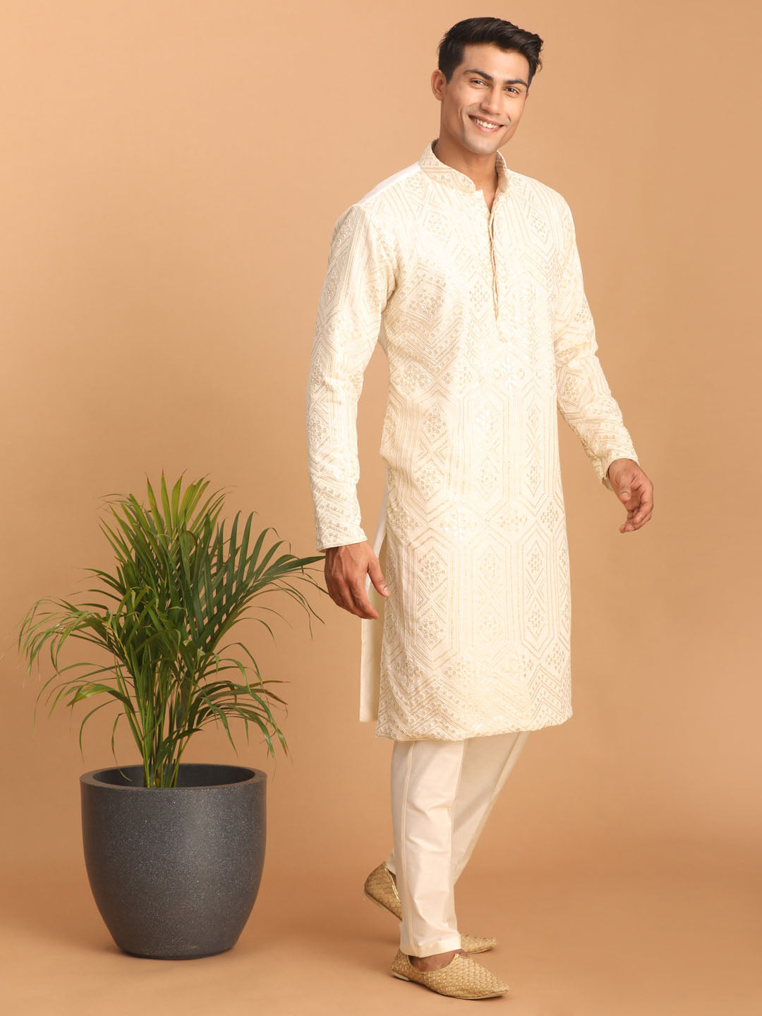 Sarvati Men's Cream Golden Sequin Embroidered Kurta And Cream Pant Set