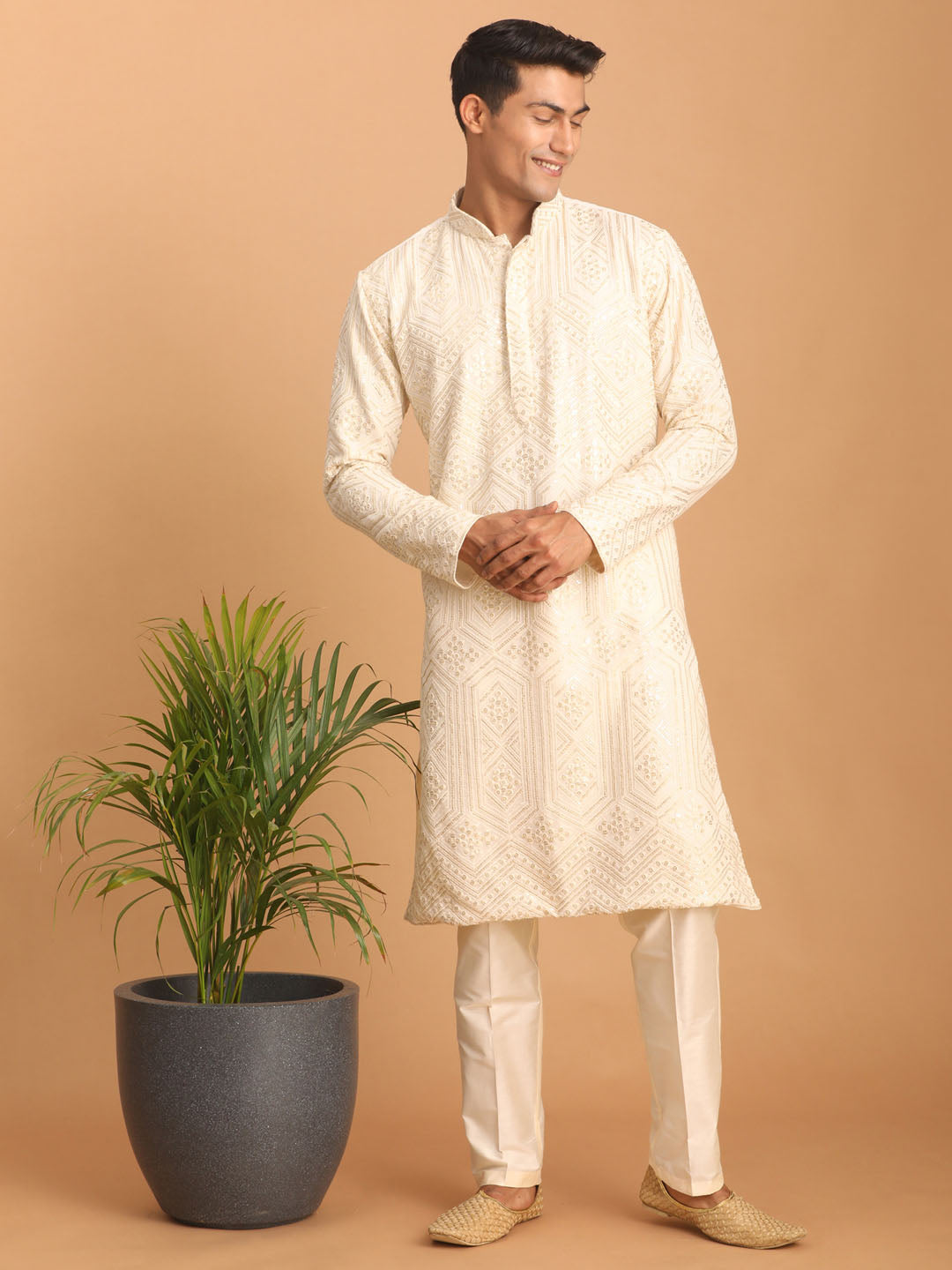 Sarvati Men's Cream Golden Sequin Embroidered Kurta And Cream Pant Set