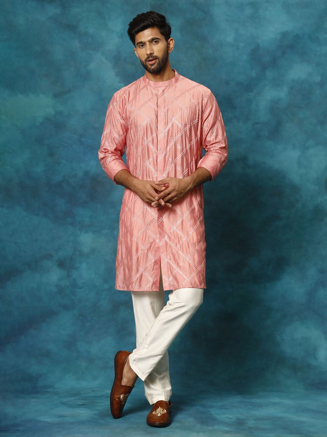 Sarvati Men's Onion Pink Chanderi Cotton Embellished Kurta Pant Set