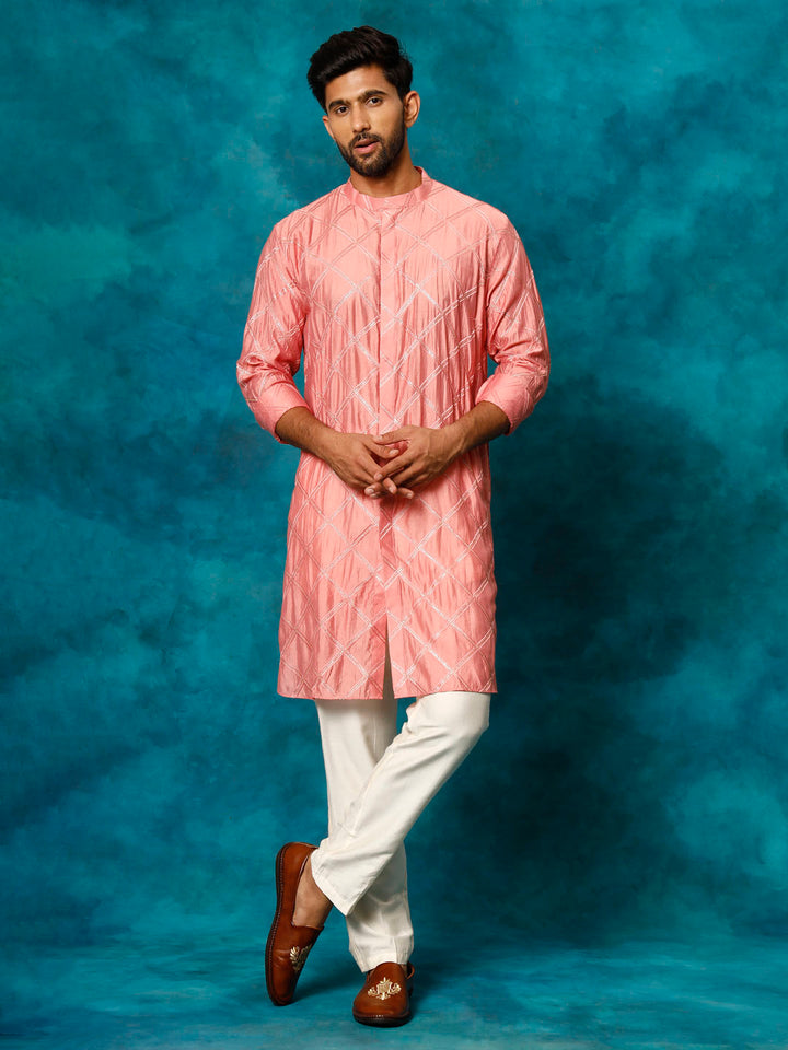 Sarvati Men's Onion Pink Chanderi Cotton Embellished Kurta Pant Set