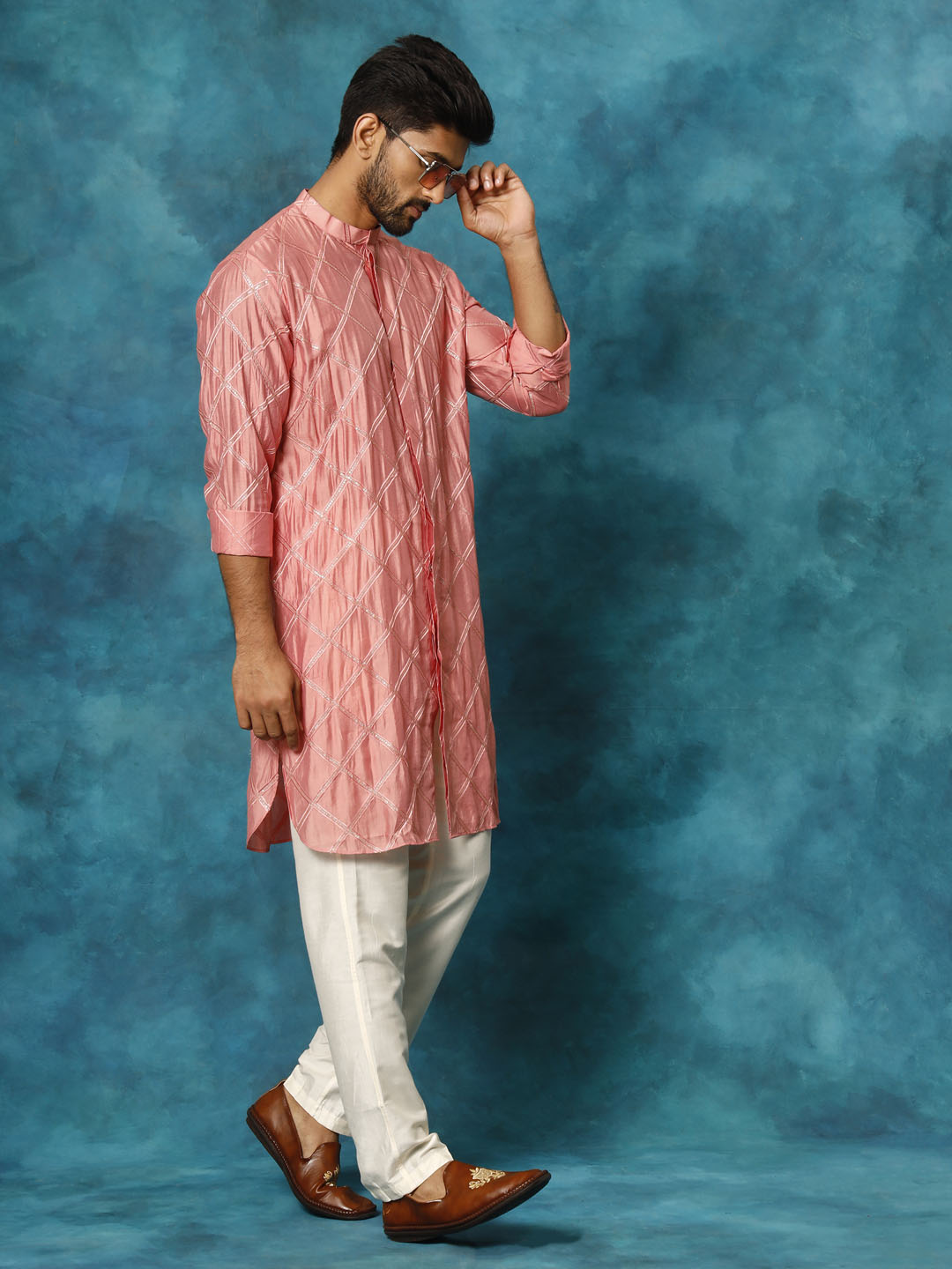 Sarvati Men's Onion Pink Chanderi Cotton Embellished Kurta Pant Set