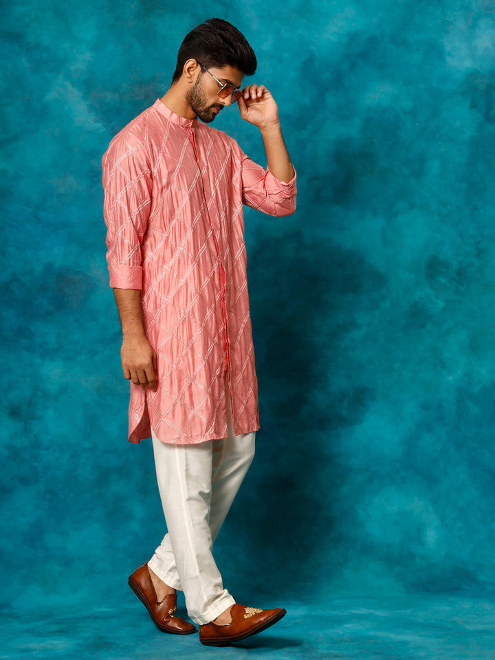 Sarvati Men's Onion Pink Chanderi Cotton Embellished Kurta Pant Set