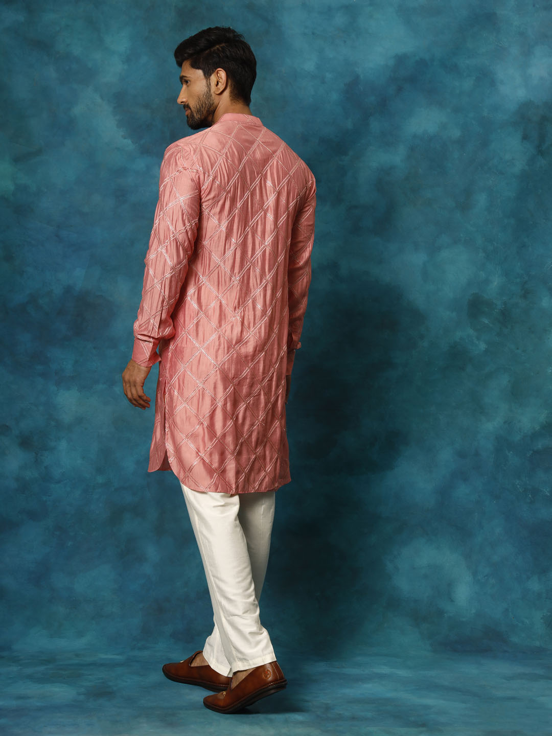 Sarvati Men's Onion Pink Chanderi Cotton Embellished Kurta Pant Set