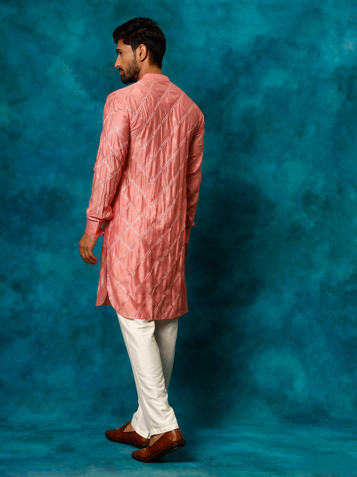 Sarvati Men's Onion Pink Chanderi Cotton Embellished Kurta Pant Set