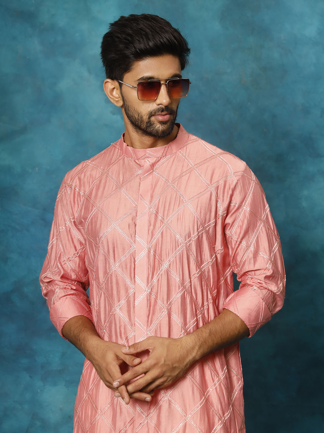 Sarvati Men's Onion Pink Chanderi Cotton Embellished Kurta Pant Set