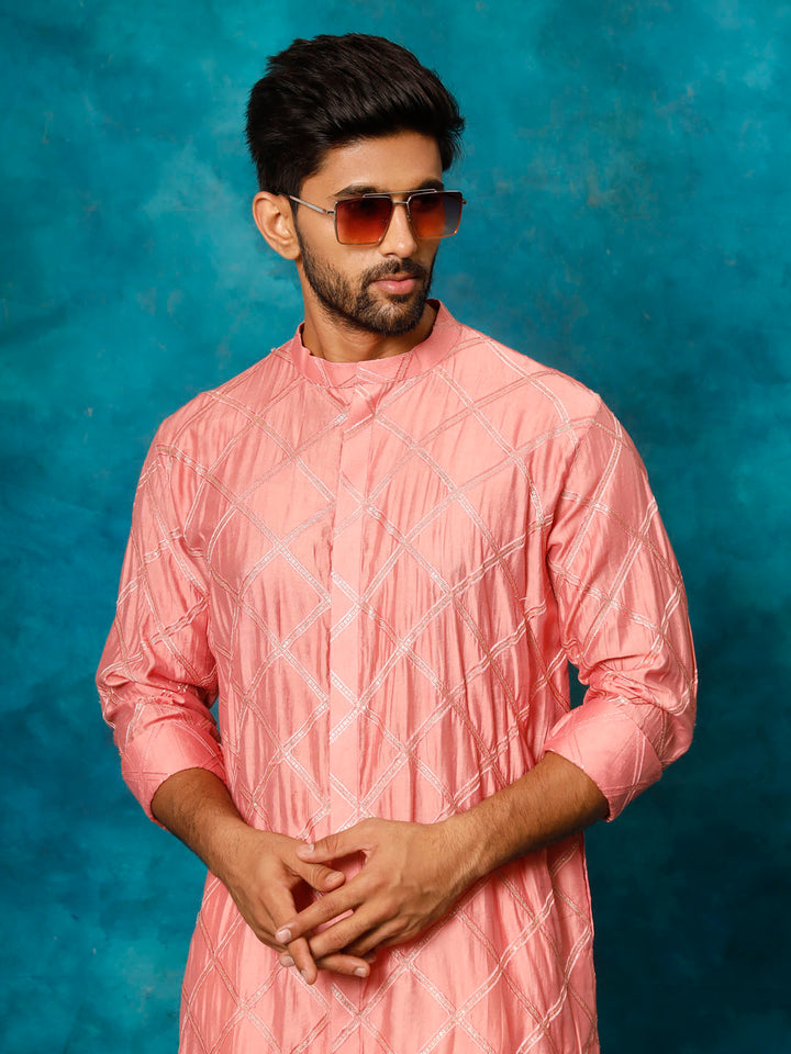 Sarvati Men's Onion Pink Chanderi Cotton Embellished Kurta Pant Set