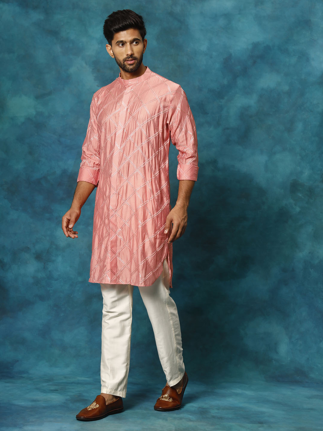 Sarvati Men's Onion Pink Chanderi Cotton Embellished Kurta Pant Set