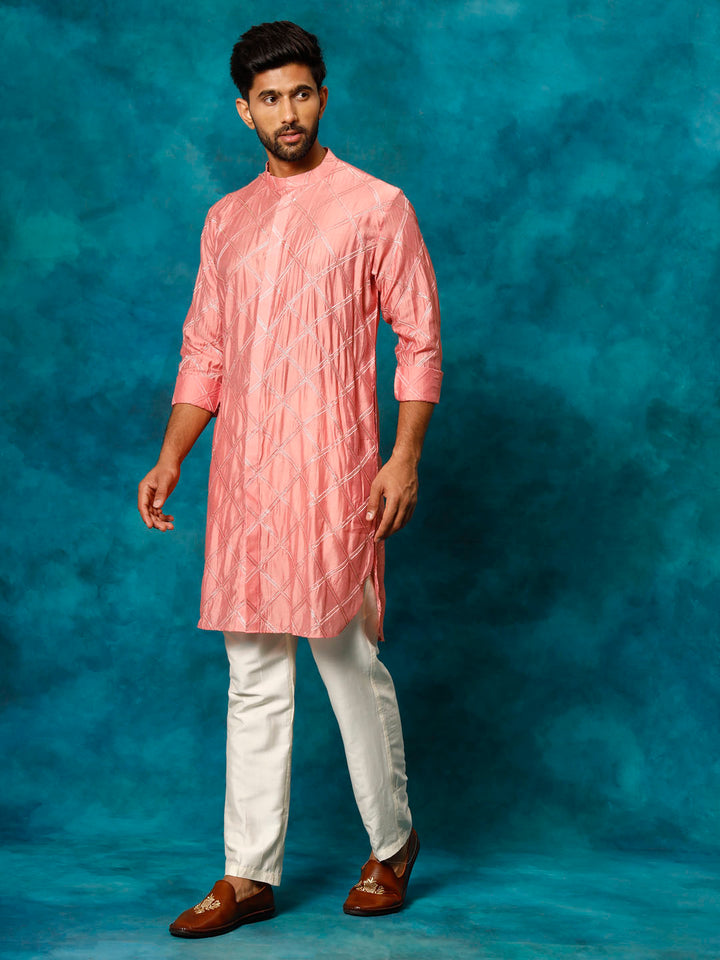 Sarvati Men's Onion Pink Chanderi Cotton Embellished Kurta Pant Set