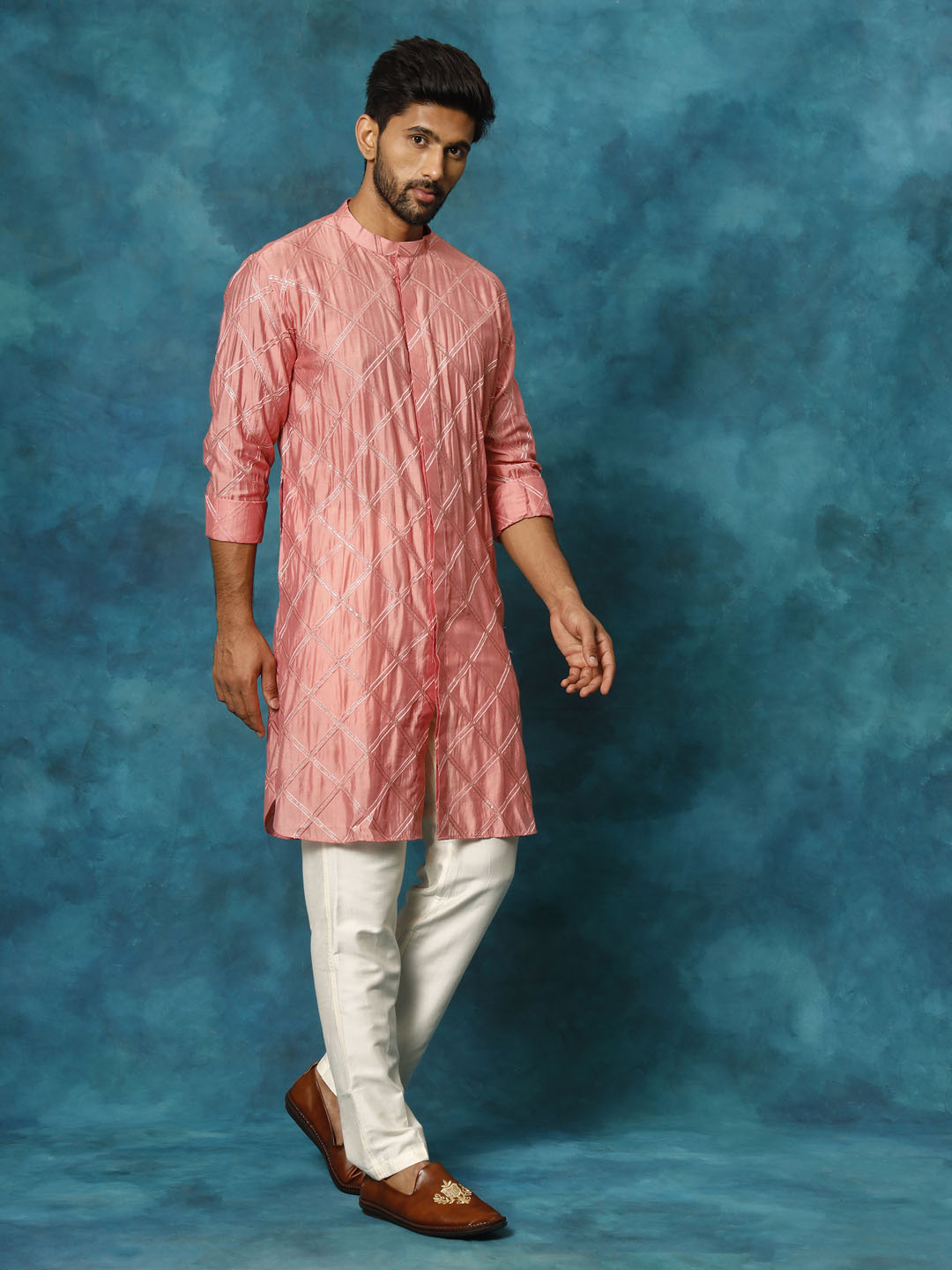 Sarvati Men's Onion Pink Chanderi Cotton Embellished Kurta Pant Set