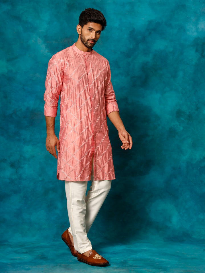 Sarvati Men's Onion Pink Chanderi Cotton Embellished Kurta Pant Set