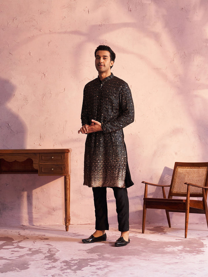 Sarvati Men's Black Georgette Zari With Sequins Worked Kurta pant Set
