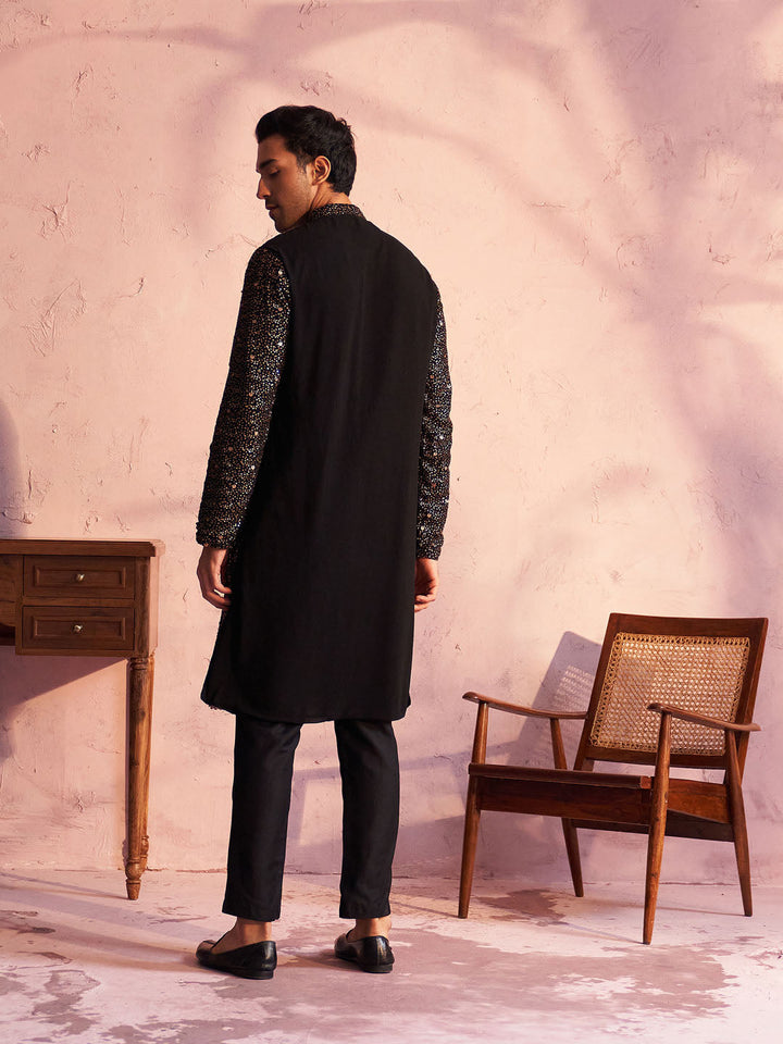 Sarvati Men's Black Georgette Zari With Sequins Worked Kurta pant Set