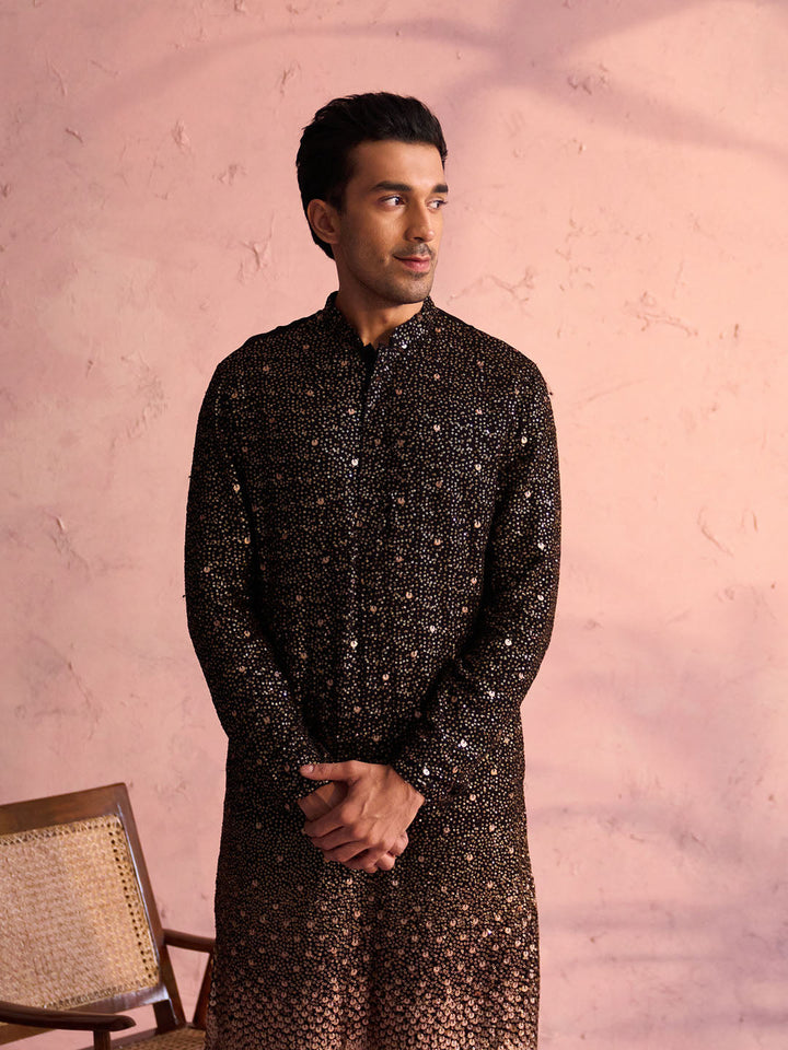Sarvati Men's Black Georgette Zari With Sequins Worked Kurta pant Set