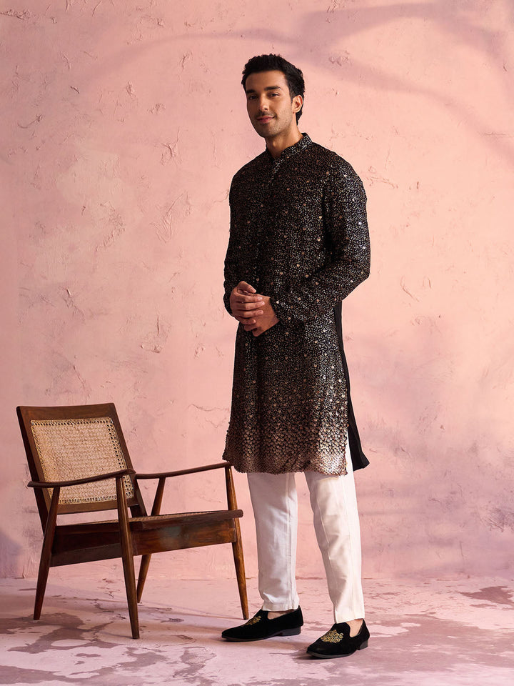 Sarvati Men's Black Georgette Zari With Sequins Worked Kurta pant Set