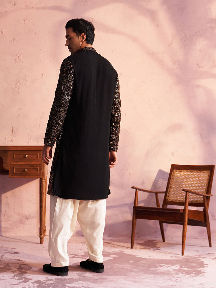 Sarvati Men's Black Georgette Zari With Sequins Worked Kurta Patiala Set
