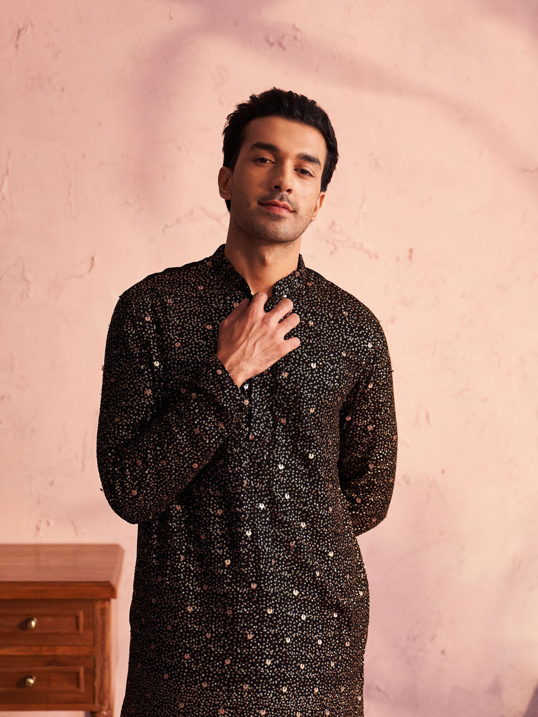 Sarvati Men's Black Georgette Zari With Sequins Worked Kurta Patiala Set