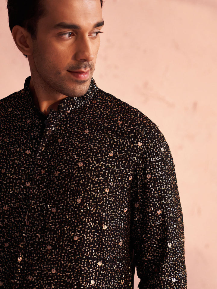 Sarvati Men's Black Georgette Zari With Sequins Worked Kurta Patiala Set