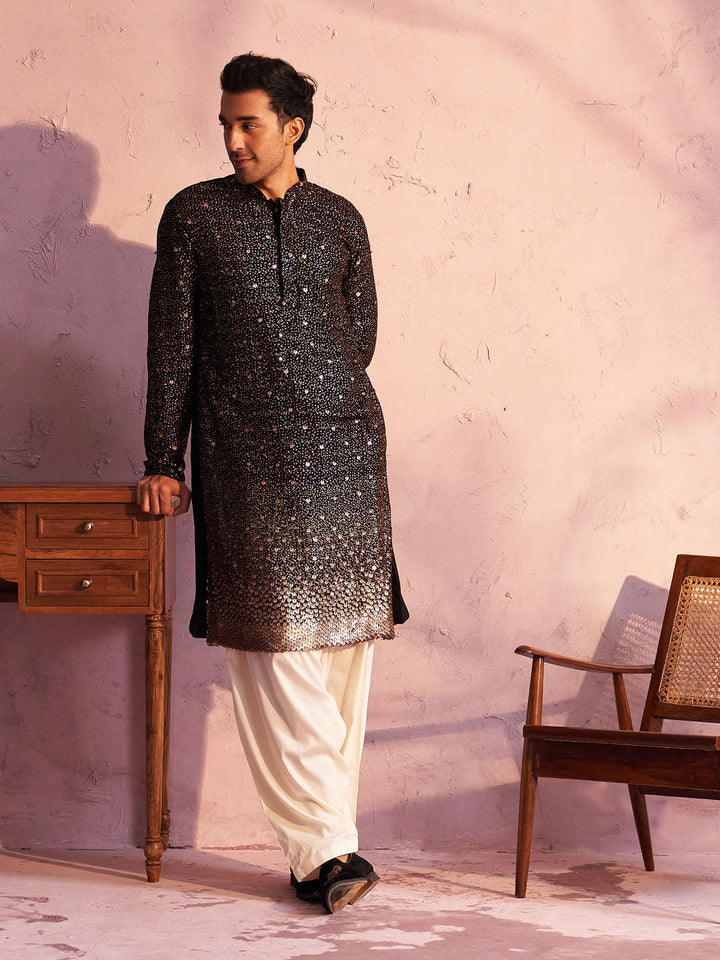 Sarvati Men's Black Georgette Zari With Sequins Worked Kurta Patiala Set
