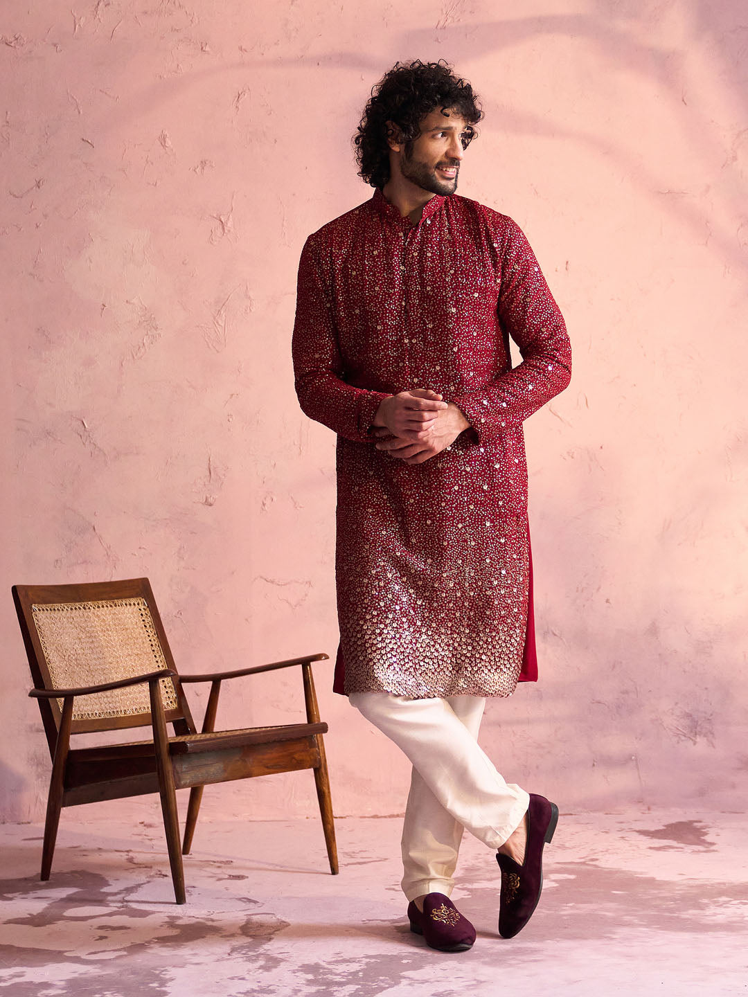 Sarvati Men's Maroon Georgette Zari With Sequins Worked Kurta Pant Set