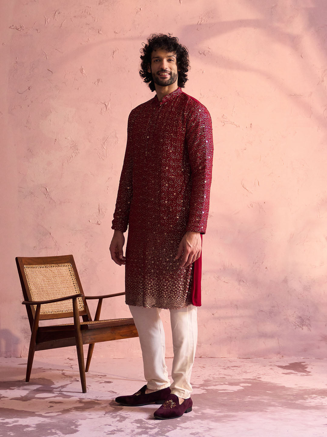 Sarvati Men's Maroon Georgette Zari With Sequins Worked Kurta Pant Set