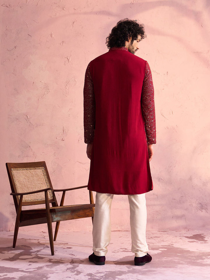 Sarvati Men's Maroon Georgette Zari With Sequins Worked Kurta Pant Set