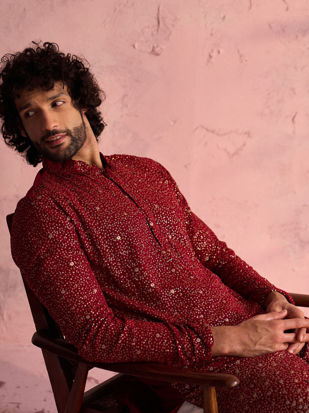 Sarvati Men's Maroon Georgette Zari With Sequins Worked Kurta Pant Set